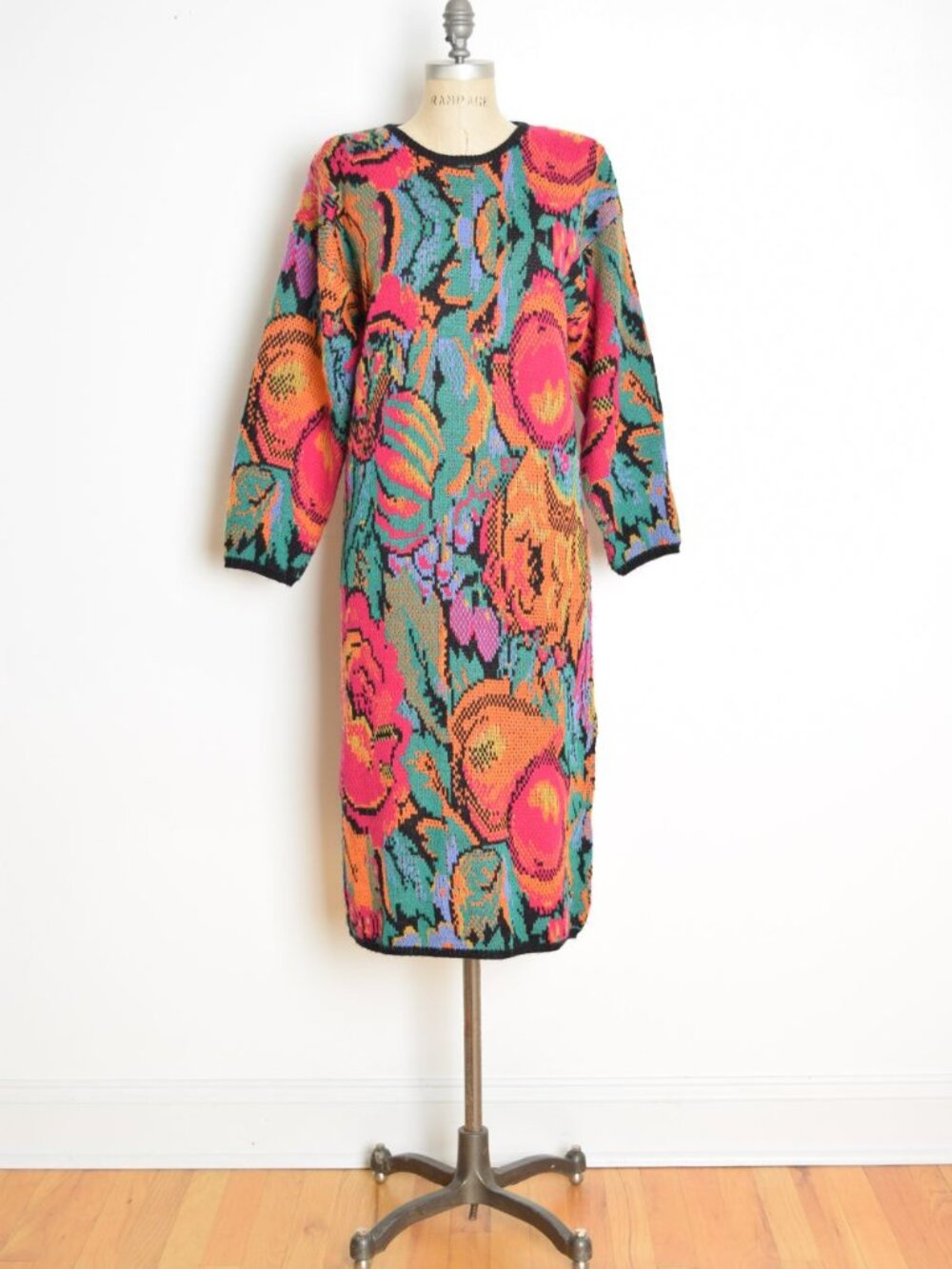 vintage 80s sweater dress colorful knit fruit floral midi long sleeve M L